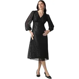 globus Women V-Neck Bishop Sleeves Lurex Detail Georgette Fit & Flare Midi Party Dress-picture-12