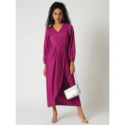 Globus Women V-Neck Long Puff Sleeves Wrap Maxi Dress-picture-21