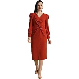 globus Women V-Neck Puff Sleeves Twisted Detail Front Slit Midi Bodycon Workwear Dress-picture-18