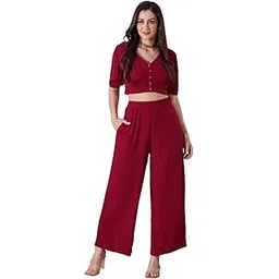 globus Women V-Neck Self Design Button Detail Crop Top with Wide Leg Trousers Co-Ord Set-picture-18
