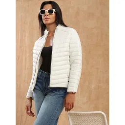 Globus Women White Mock Neck Front Zip 2 Pockets Winter Wear Insulator Puffer Jacket-picture-18