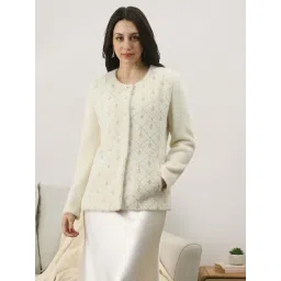 Globus Women White Self Design Embellished Work Round Neck 2 Pocket Winterwear Overcoat-picture-32