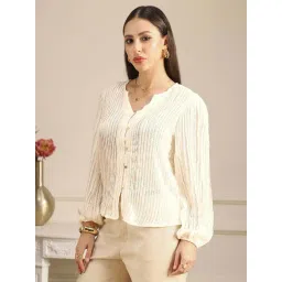 Globus Women White V-Neck Bishop Sleeves Self Design Lace Shirt Style Top-picture-10