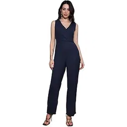 globus Women Wrap Neck Sleeveless Tie-Up Back Solid Wide Leg Workwear Jumpsuit-picture-38