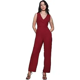 globus Women Wrap Neck Sleeveless Tie-Up Back Solid Wide Leg Workwear Jumpsuit-picture-30