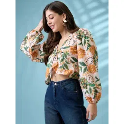 Globus Women Yellow V-Neck Bishop Sleeves Tropical Print Tie-Up Detail Wrap Top-picture-31