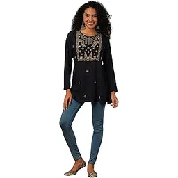 globus Women Yoke Emboidered Neck Ethnic Print Workwear Tunic-picture-10