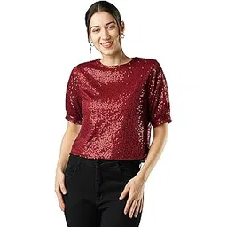 globus Women's Polyester Regular Fit Round Neck Puff Sleeves Sequined Party Top-picture-19