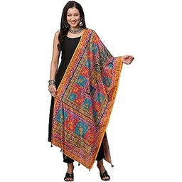 globus Women's Silk Blend Multi Colour Ethnic Motifs With Dupatta With Tassel Detailing, Free Size-picture-11