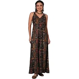 globus Womens Women V-Neck Tassel Tie-Up Shoulder Straps Ethnic Floral Print Fla Fusion Jumpsuit-picture-12