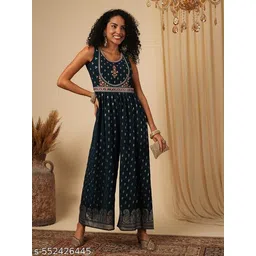 Globus Women Blue Zari Embroidered Yoke Allover Ethnic Motifs Foil Print Pleated Fusion Jumpsuit with Belt-picture-19