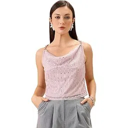 Globus Women Cowl Neck Metal Shoulder Strap Sequinned Party Top-picture-22