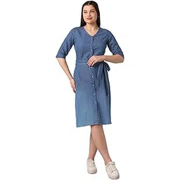 globus Women V-Neck Button Down Knee Length A-Line Denim Dress with Belt image 1