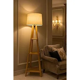 Glorik Modern Floor Lamp with Storage Shelves, Wooden Frame, Linen Shade, Standing Light for Living Room, Home Decor-picture-29