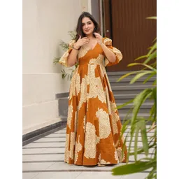 GLOSIA DESIGN Floral Printed Gathered or Pleated V-Neck Fit & Flare Maxi Dress-picture-18