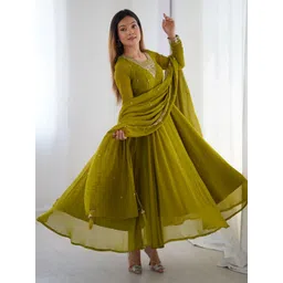 GLOSIA DESIGN Women Ethnic Motifs Embroidered Panelled Thread Work Kurta with Trousers & With Dupatta-picture-31