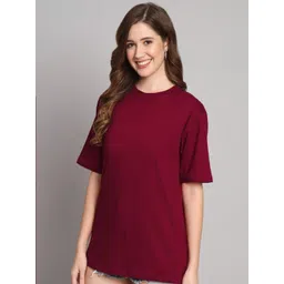 GLOWBERRY Women Solid Round Neck Oversized T-shirt image 4