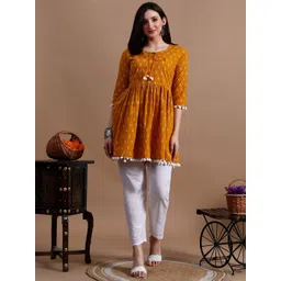 GLOWWORLD Ethnic Motifs Printed Tie-Up Neck A-Line Kurta-picture-10