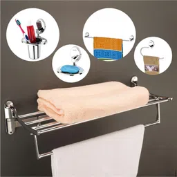 5 Pieces Folding Towel Rack+ Towel Rod+Soap Dish+ Toothbrush Holder & Towel Ring 24 inch 1 Bar Towel Rod-image-33