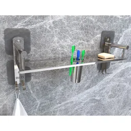 gloxy 1 Layer Shelf Adhesive Bathroom Shelf with Double Soap Dish/Toothbrush Holder Stainless Steel Toilet Paper Holder-picture-33