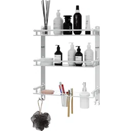 gloxy 3 Layer Multipurpose Shelf/Rack with Dual Soap Dish/Toothbrush/Dispenser holder 15 inch 3 Bar Towel Rod-picture-33