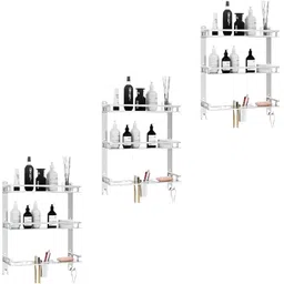 gloxy 3-Layer Wall Mounted Bathroom Shelf with Toothbrush Holder & Double Soap Dish 15 inch 1 Bar Towel Rod-picture-24