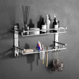 gloxy 4 in 1 Adhesive Stickers Bathroom Shelf with Soap Dish and Toothbrush Holder 16 inch 1 Bar Towel Rod-picture-30