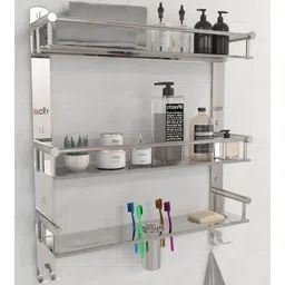 gloxy Bathroom Shelf and Rack with Double Soap Dish and Toothbrush /Soap Holder Stainless Steel Wall Shelf-picture-21