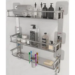 gloxy Magic Sticker 3 Layer Bathroom Shelf with Double Soap Dish & Toothbrush Holder Stainless Steel Wall Shelf-picture-23