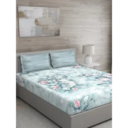 GM Blue Floral 144 TC Cotton 1 Super Queen Bedsheet with 2 Pillow Covers-picture-16