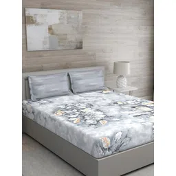 GM Grey Floral 144 TC Cotton 1 Super Queen Bedsheet with 2 Pillow Covers-picture-32