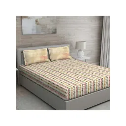 GM 'Matthiola' Beige & Brown Cotton 150 TC Double Bedsheet with 2 Pillow Covers-picture-33