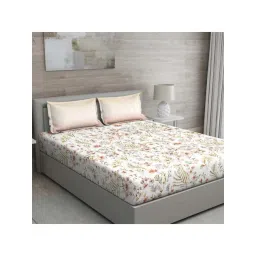 GM 'Matthiola' Beige & Brown Cotton 150 TC Double Bedsheet with 2 Pillow Covers-picture-24