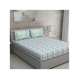 GM 'Matthiola' Green & Blue Cotton 150 TC Double Bedsheet with 2 Pillow Covers-picture-13