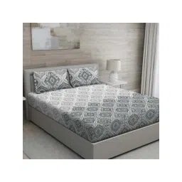 GM 'Matthiola' Grey Cotton 150 TC Double Bedsheet with 2 Pillow Covers-picture-40