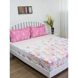 GM Off-White & Pink Floral 144 TC Cotton 1 Super Queen Bedsheet with 2 Pillow Covers-picture-29