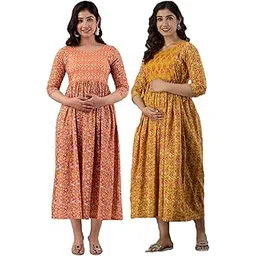 gm sara Women's Pure Cotton Printed Maternity Gown Feeding Nighty A-line Feeding Dress Kurti Gown Pack of 2 (X-Large, Multicolor 5)-picture-47