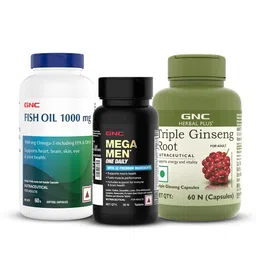 GNC Mega Men Multivitamin 30 tabs & Fish Oil 60 Caps & Triple Ginseng Root Combo, 60 capsules Unflavoured-picture-31