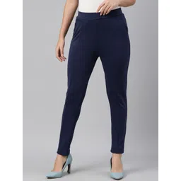 Go Colors Women Navy Blue Printed Slim Fit Chinos Trousers-image-12