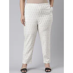 Go Colors Women Plus Size White Striped Tailored Tapered Fit Trousers-picture-32
