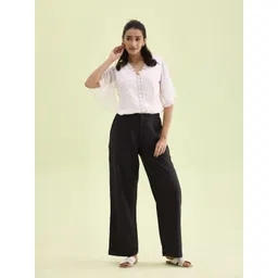 go colors Women Relaxed Black Linen Blend Trousers-picture-10