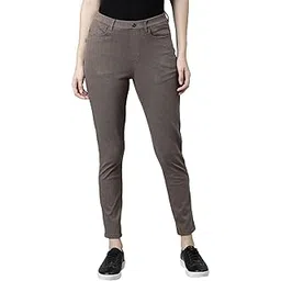 Women Brown Stripe Printed Mid Rise Jeggings-image-7