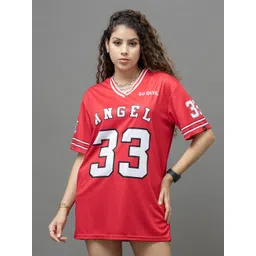 GO DEVIL Women Varsity Printed V-Neck Applique T-shirt-picture-17
