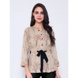 God Bless Beige Floral Print Mandarin Collar Cinched Waist Top-picture-27