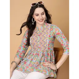 God Bless Floral Print Mandarin Collar Cotton Peplum Top-picture-15