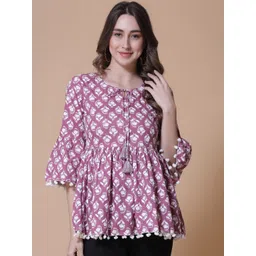 God Bless Floral Printed Bell Sleeves Tie-Up Neck Pleated Cotton A-Line Top-picture-37