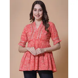 God Bless Floral Printed Mandarin Collar Pleated Ruffles Cotton A-Line Top-picture-36