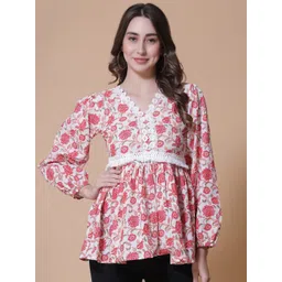 God Bless Floral Printed V-Neck Puff Sleeves Cotton Peplum Top-picture-24