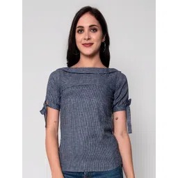 God Bless Grey Striped Woven Printed Linen Top-picture-15