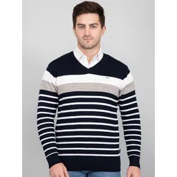godfrey Men Colorblock V Neck Dark Blue, White, Multicolor Sweater-picture-27